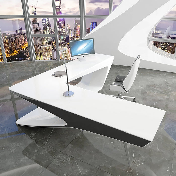 Arcadia Mid-Sized High-End Cosmic White Executive L-shaped Home Office Desk with Drawers and Storage