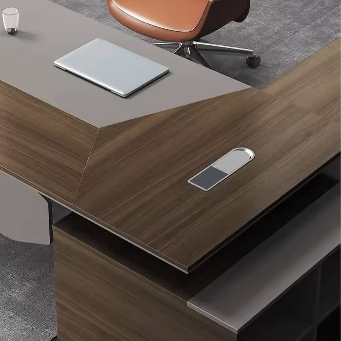 Arcadia Mid-sized High-end Umber Brown Executive L-shaped Home Office Desk with Drawers and Storage, Cable Management, and Privacy Bevel