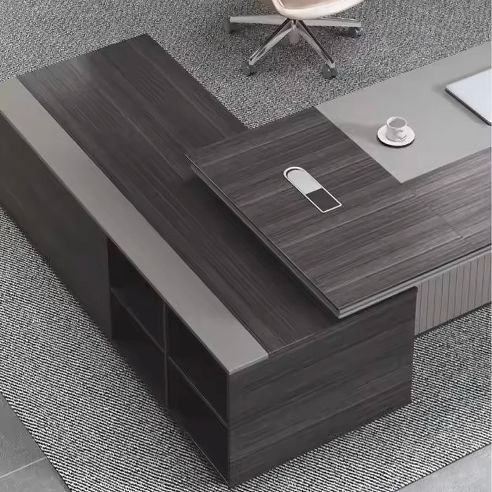 Arcadia Large Modern Carmel Oak Executive L-shaped Home Office Desk with Drawers and Storage, Cable Management, and Privacy Bevel