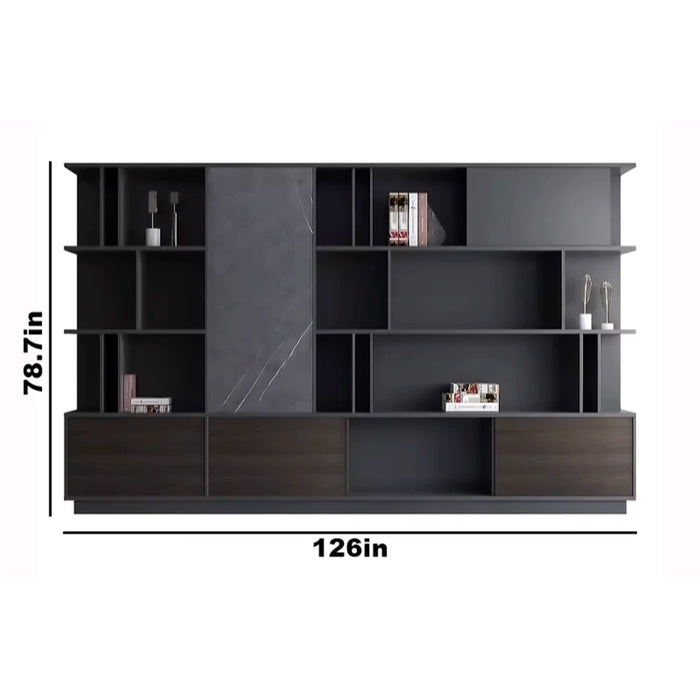 Beleric 126" Gray Library Wall Shelving Unit | AF Forest Mahogany KN-WN-305