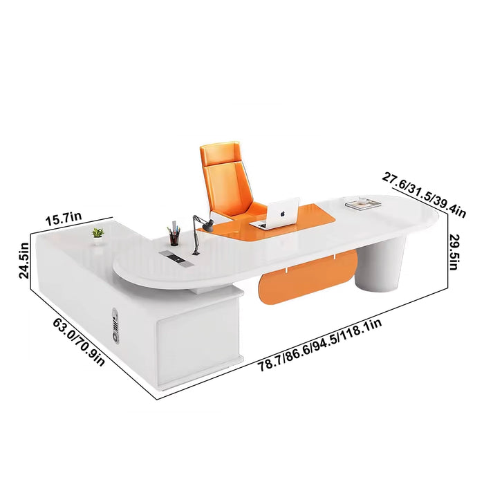 Arcadia Mid-sized High-end White and Citrus Orange Executive L-shaped Home Office Desk with Drawers and Storage, and Cable Management