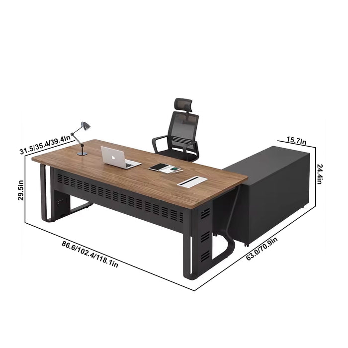 Arcadia Mid-sized High-end Nutmeg Oak Executive L-shaped Home Office Desk with Drawers and Storage, and Cable Management