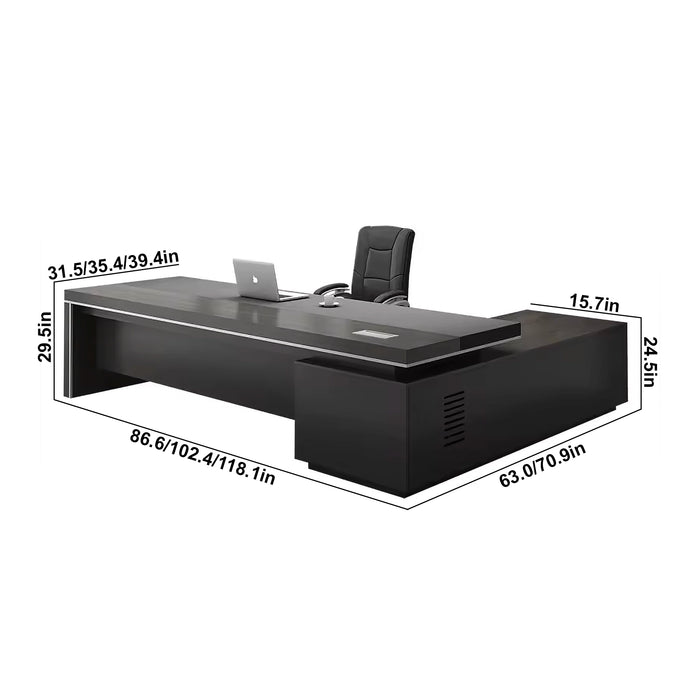 Arcadia Mid-sized High-end Dark Onyx Executive L-shaped Home Office Desk with Drawers and Storage, and Cable Management