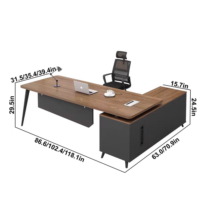 Arcadia Mid-sized High-end Noir Golden Oak Executive L-shaped Home Office Desk with Drawers and Storage, and Cable Management