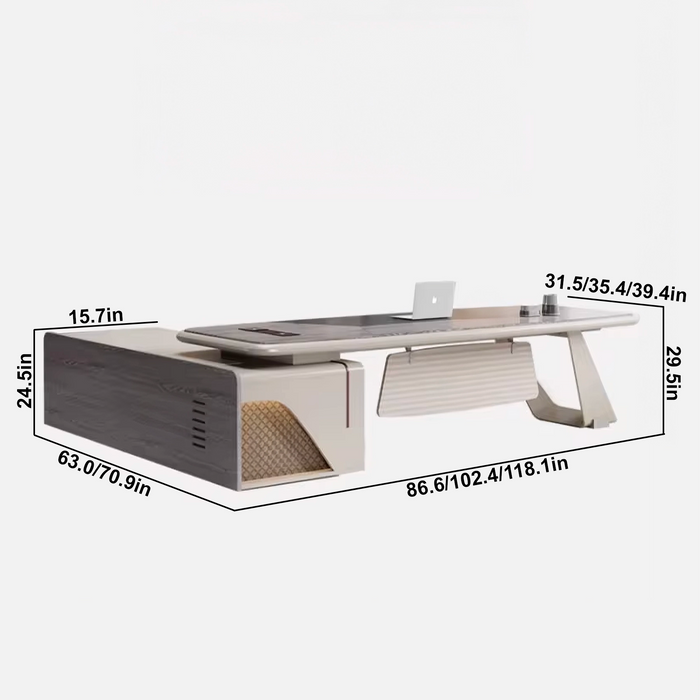 Arcadia Mid-sized High-end White Almond Executive L-shaped Home Office Desk with Drawers and Storage, and Cable Management