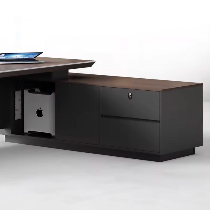 Arcadia Mid-sized High-end Black Executive L-shaped Home Office Desk with Drawers and Storage, Cable Management, and Password Lock