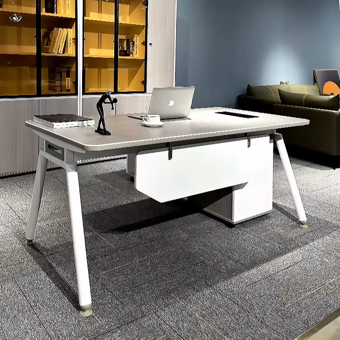 Arcadia 紧凑型专业灰白色行政 L 形办公桌，带抽屉和存储空间，适合家庭和商业使用，配有回程桌、电缆管理、密码锁和宽敞的设计