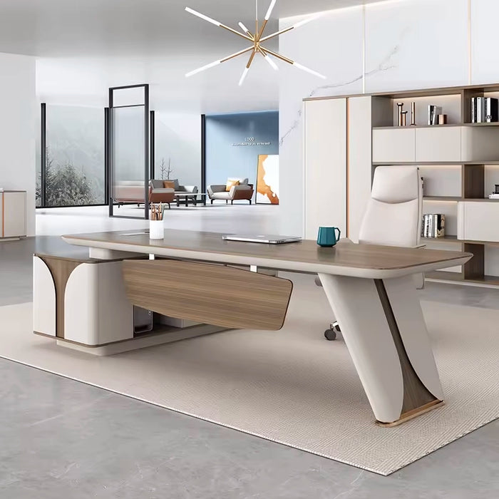 [可定制尺寸] Arcadia 一体式棕色和米色行政 L 形家庭办公桌，配有抽屉和储物空间、电缆管理以及桌面上的无线充电 + 充电端口