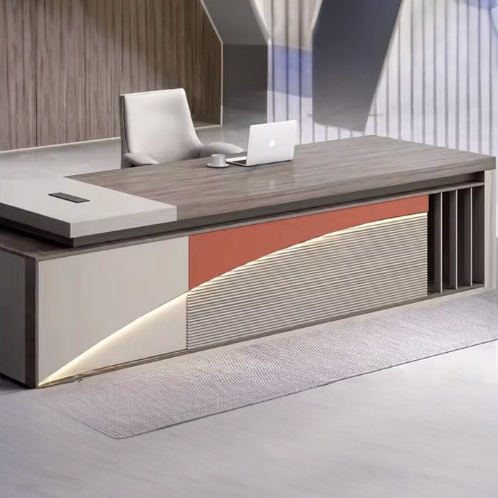 Arcadia 中型高端现代白色行政 L 形家庭办公桌，带抽屉和储物空间、电缆管理、桌面充电和密码锁