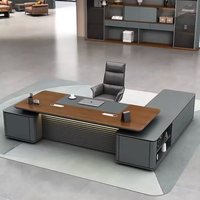 Arcadia Large (90 to 130in) High-end Brown and Blue Gray Executive L-shaped Home Office Desk with Drawers and Storage, Cable Management, and Wireless Charging + USB