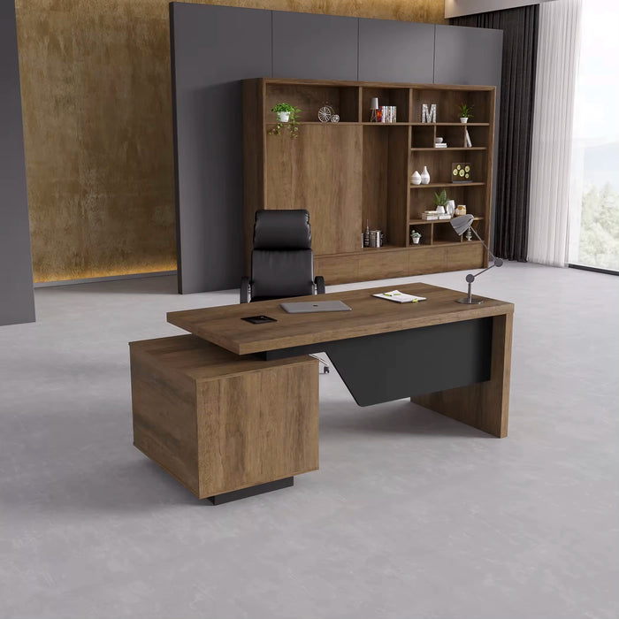 Arcadia 中型高档天然深棕色橡木专业和家庭行政办公桌，配有移动柜、抽屉和电缆管理