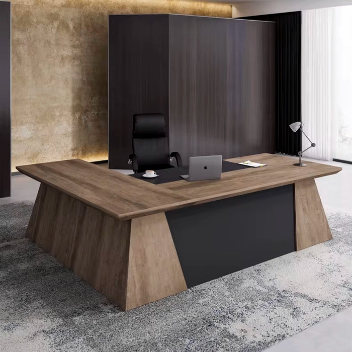 Arcadia Escritorio de oficina ejecutivo grande y exclusivo de roble marrón oscuro natural, profesional y para el hogar, en forma de L, con gabinetes, cajones y escritorio de retorno