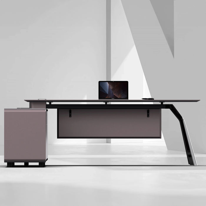 Arcadia Classic High-end Ultra High Quality Metallic Sliver Executive L-shaped Corner Home Office Desk with Drawers and Storage, Wireless and USB Charging Port, and Fingerprint Lock