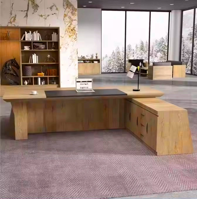 Arcadia 大型高档天然浅棕色橡木专业和家庭 L 形行政办公桌，带橱柜、抽屉和回转台