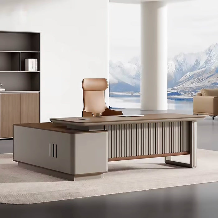 Arcadia 中型高端橡木棕色行政 L 形家庭办公桌，带抽屉和储物空间、电缆管理和密码锁