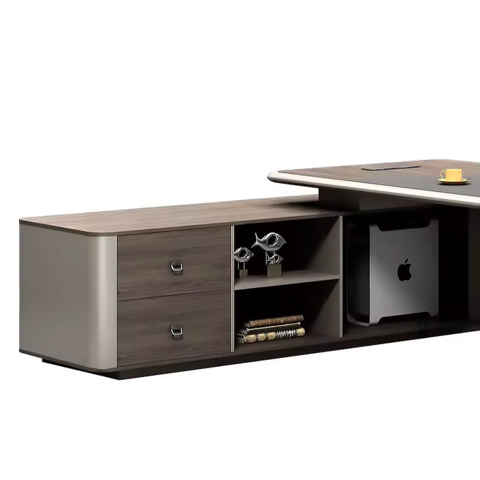 Arcadia 中型一体式 Oakwood 棕色 L 形行政家庭办公桌，带抽屉和储物空间、电缆管理和桌面充电端口