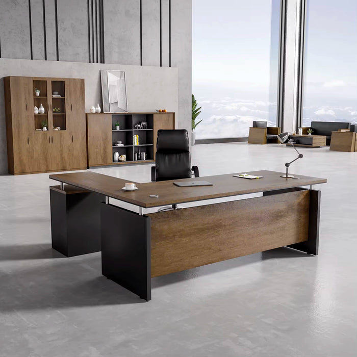 Arcadia 现代高档天然深棕色橡木专业和家庭 L 形行政办公桌，带橱柜、抽屉、电缆管理和回程台
