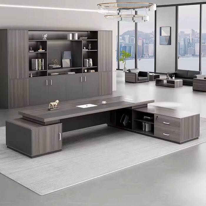 Arcadia 经典高端棕褐色和灰色 L 形家庭和公司办公桌，带抽屉和橱柜存储、隐私斜面和电线管理