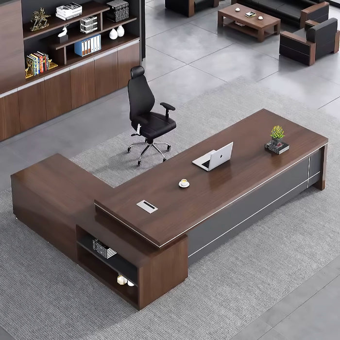 Arcadia 经典高端棕色和灰色 L 形家庭和公司办公桌，带抽屉和橱柜存储、隐私斜面和电线管理
