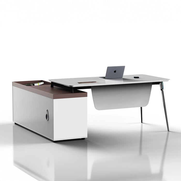 Arcadia 中型高端超高品质象牙白色行政 L 形转角家庭办公桌，带抽屉和储物空间、电线管理和机械锁