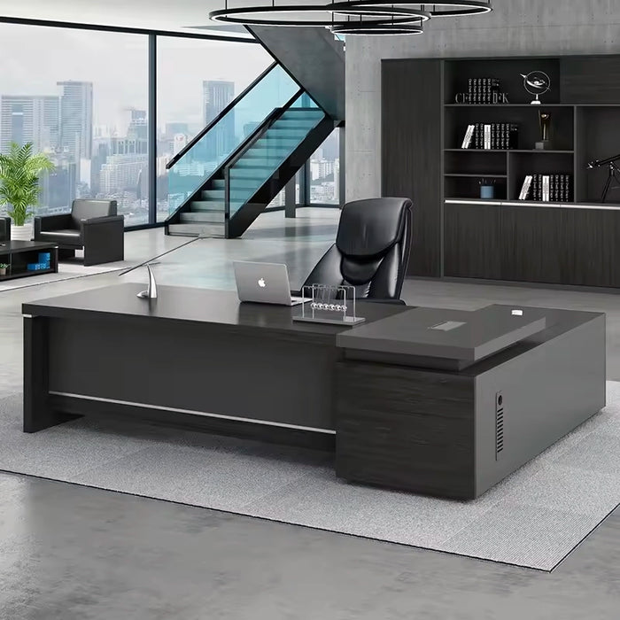 Arcadia Mid-sized High-end Brown/Black Executive L-shaped Home Office Desk with Drawers and Storage, Cable Management, and Password Lock