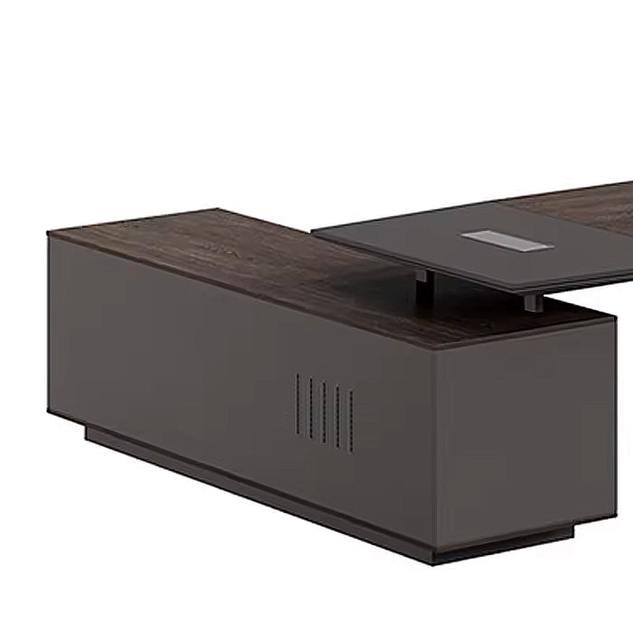 Arcadia Luxury High-end Modern Coffee Brown L-shaped CEO Executive Desk with Drawers and Cabinets Storage, Durable Finish, Privacy Bevel Slate, and Sleek Desk Top