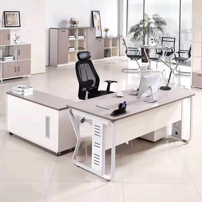 Arcadia 紧凑型高端桦木米色和白色移动 L 形返回和移动文件柜家庭和公司办公桌，带抽屉和柜子存储、隐私斜面和电线管理