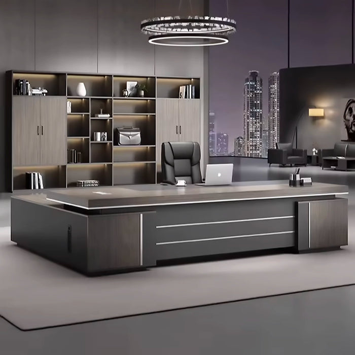 Arcadia 经典高端棕灰色琥珀色 L 形家庭和公司办公桌，带抽屉和橱柜存储、可锁存储和电线管理
