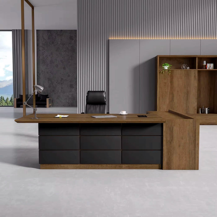 Arcadia 大型高档天然深棕色橡木专业和家庭 L 形行政办公桌，带橱柜、抽屉、电缆管理和回程台