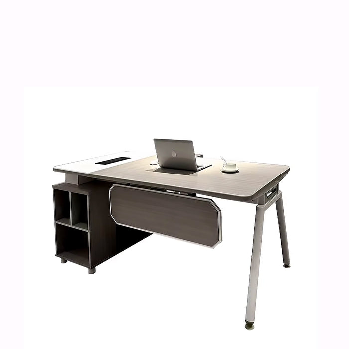 Arcadia Práctico escritorio de oficina ejecutivo profesional en forma de L, gris y blanco, con cajones y almacenamiento para uso doméstico y empresarial, con mostrador de devolución, gestión de cables, bloqueo con contraseña y diseño espacioso