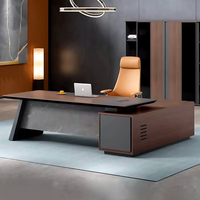 Arcadia Elegante escritorio de oficina ejecutivo profesional en forma de L en negro y marrón con cajones y almacenamiento para uso doméstico y comercial con mostrador de devolución, gestión de cables, bloqueo con contraseña y diseño espacioso