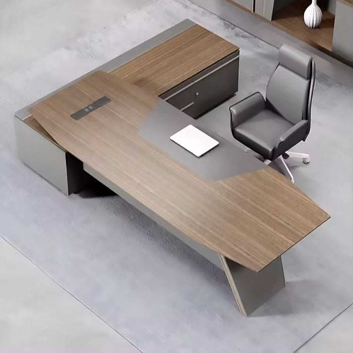 [多种尺寸] Arcadia 一体式橡木棕色和黑色行政 L 形家庭办公桌，带抽屉和储物空间、电缆管理和桌面充电端口