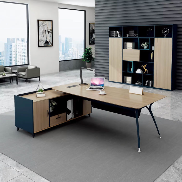 Arcadia 舒适专业米色棕褐色和蓝色行政 L 形办公桌，带抽屉和存储空间，适合家庭和商业使用，配有回程桌、电缆管理、密码锁和宽敞的设计