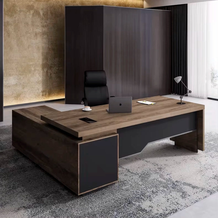 Arcadia Large Upscale Natural Dark Brown Oak Professional and Home L-shaped Executive Office Desk with Cabinets, Drawers, Cable Management, Baffle, and Return Desk
