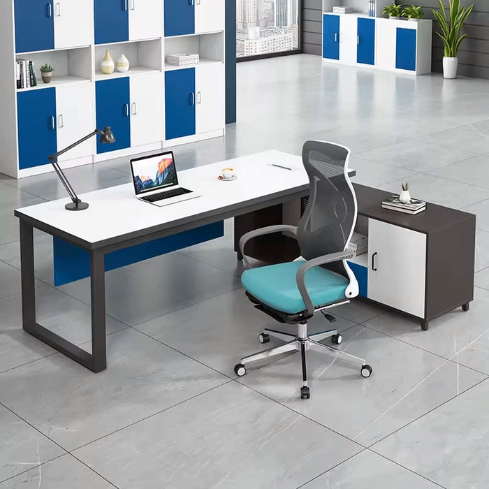 Arcadia Mid-sized High-end Black and White/Blue Executive L-shaped Return Home and Corporate Office Desk with Drawers and Cabinets Storage, Privacy Bevel, and Cord Management