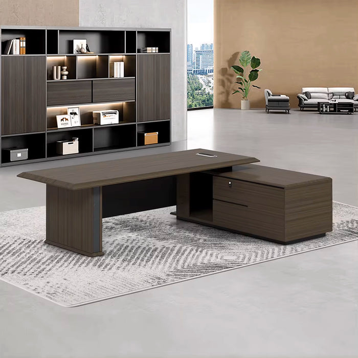 Arcadia Mid-sized High-end Oakwood Brown Executive L-shaped Home Office Desk with Drawers and Storage, Cable Management, and Wireless Charging
