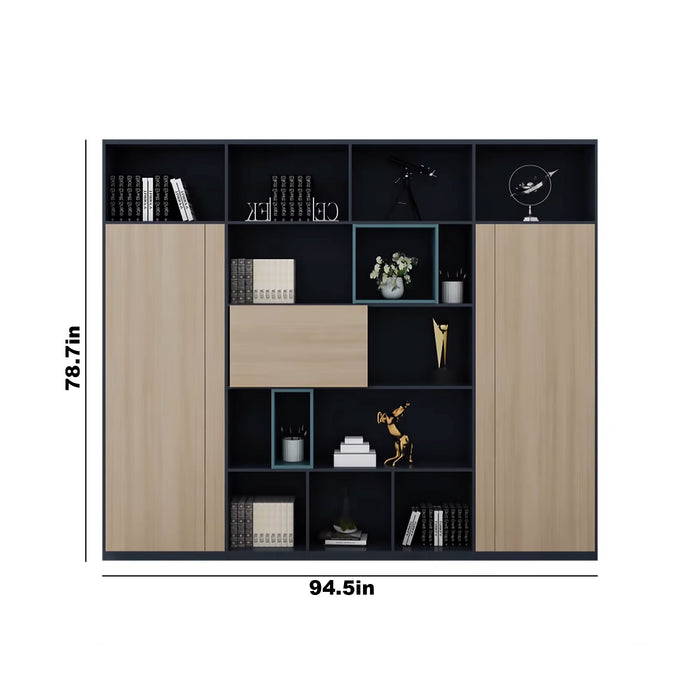 Arcadia Modern Beige Tan and Blue Home Office Residential and Commercial Shelving Wall Unit Library Wall Set | 5 Levels, 14 Shelves, 16 Compartments. 2 Drawers