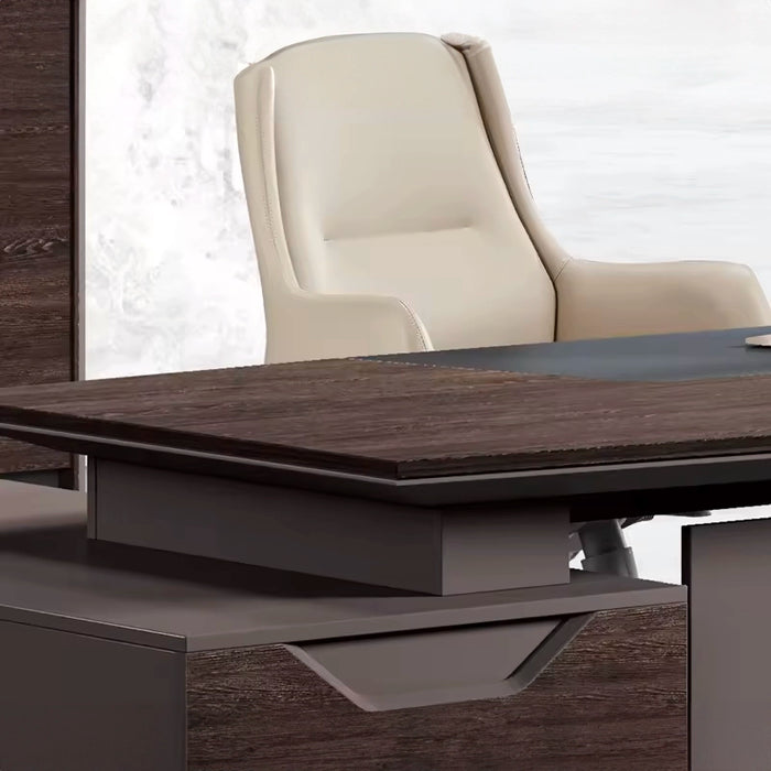 Arcadia Luxury High-end Quality Coffee Brown L-shaped CEO Executive Desk with Drawers and Cabinets Storage, Durable Finish, Privacy Bevel Slate, and Sleek Desk Top