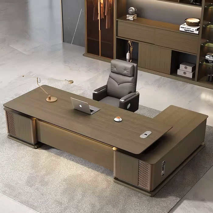 Arcadia Large High-end Coffee Brown Executive L-shaped Home Office Desk with Drawers and Storage, Cable Management, Integrated Lighting, and Password Lock