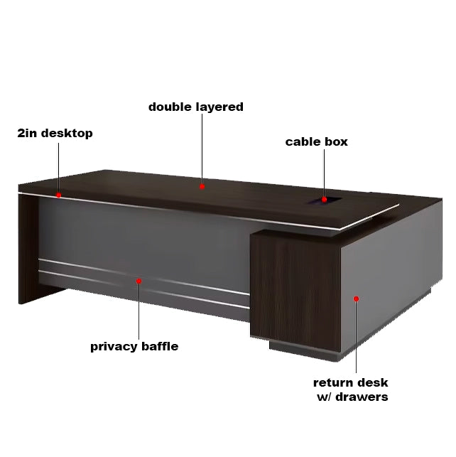 Arcadia 紧凑型中档深灰色和粗棕色行政 L 形学习办公桌，配有抽屉和橱柜，用于存储、可锁抽屉和电缆管理