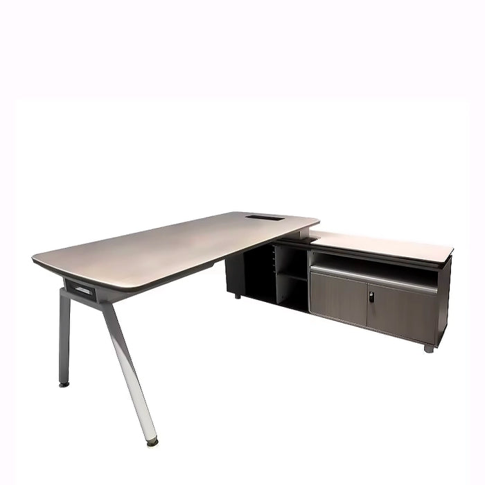 Arcadia 紧凑型专业米灰色和白色行政 L 形办公桌，带抽屉和存储空间，适合家庭和商业使用，配有回程桌、电缆管理、密码锁和宽敞的设计