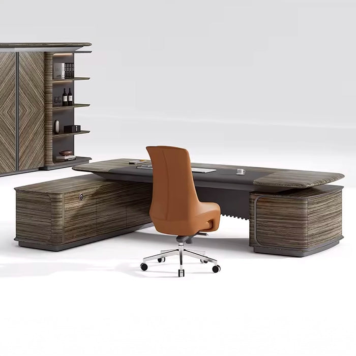 Arcadia 奢华高端品质金棕色 L 型 CEO 行政办公桌，带指纹锁抽屉和橱柜储物柜，耐用表面，光滑桌面，无线充电