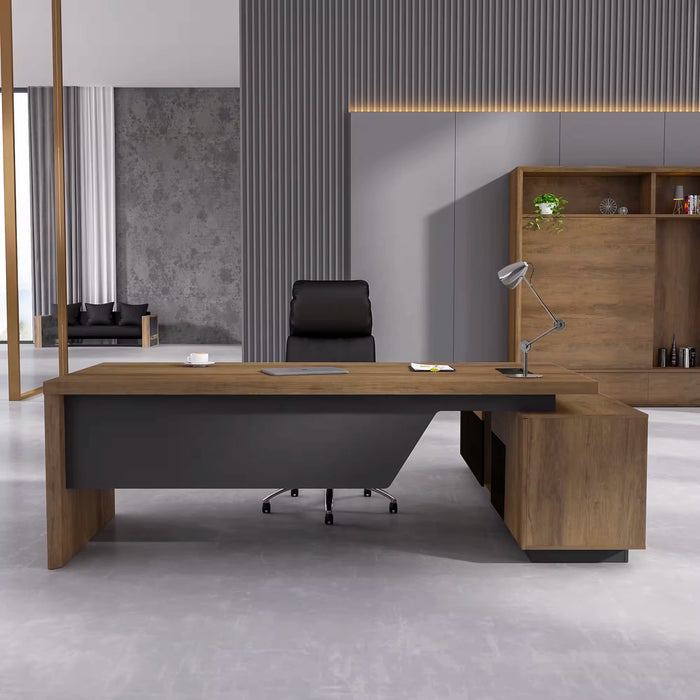 Arcadia Mid-sized Upscale Natural Dark Brown Oak Professional and Home L-shaped Executive Office Desk with Cabinets, Drawers, Cable Management, and Return Desk