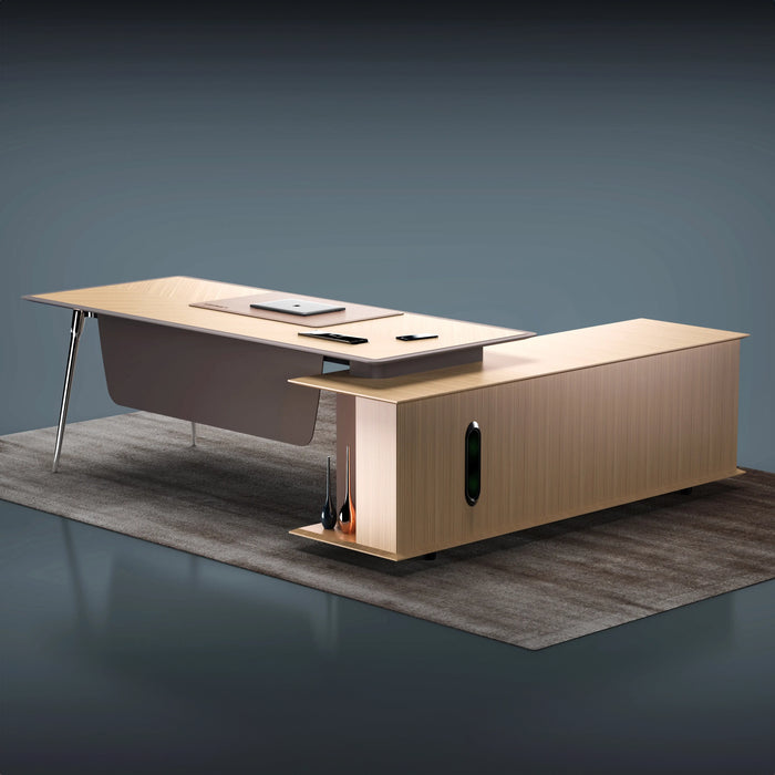 Arcadia 中型高端超高品质金橡木行政 L 形转角家庭办公桌，带抽屉和储物空间、无线充电端口和指纹锁