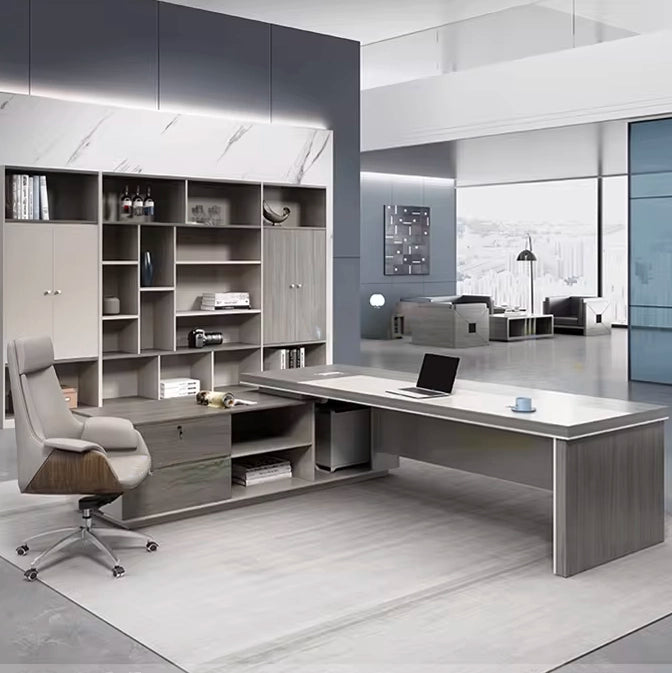 Arcadia 中型高端米色灰色橡木行政 L 形家庭办公桌，带抽屉和储物空间、电缆管理和密码锁
