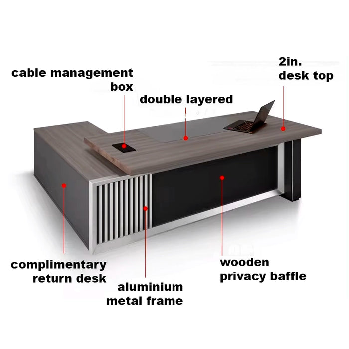 Arcadia 中型中档浅棕色和黑色行政 L 形学习办公桌，配有抽屉和橱柜，用于存储、可锁抽屉和电缆管理