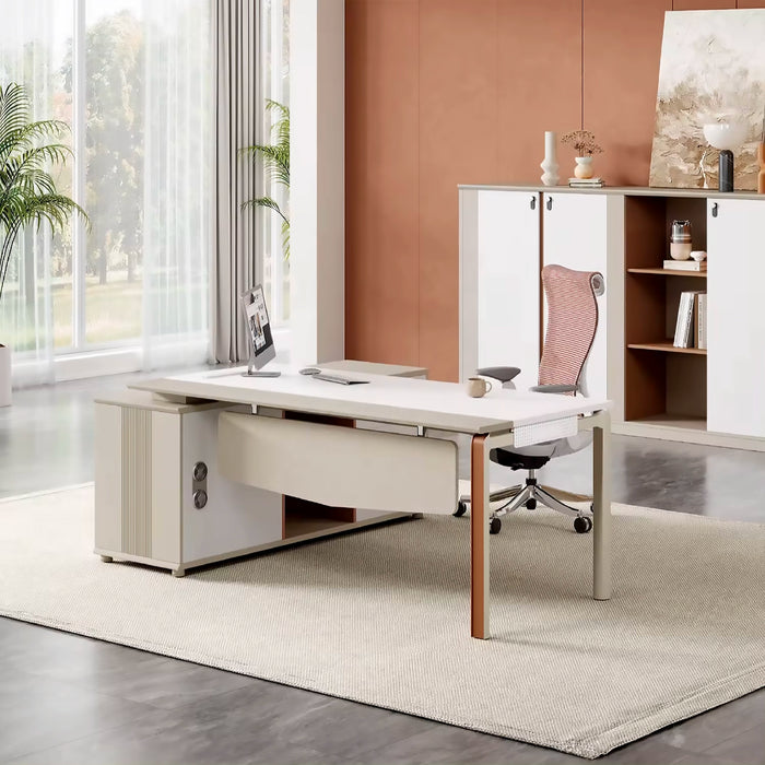 Arcadia Bright Professional 浅棕色行政 L 形办公桌，带抽屉和存储空间，适合家庭和商业使用，配有回程桌、电缆管理、密码锁和宽敞的设计