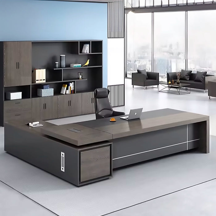 Arcadia 经典高端棕色 L 形家庭和公司办公桌，带抽屉和橱柜存储、隐私斜面、散热孔和电线管理
