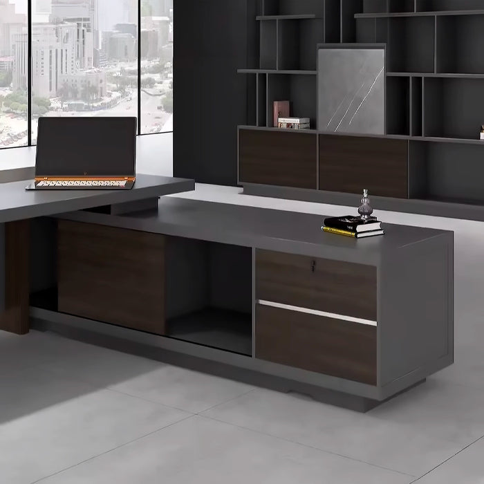 Arcadia 大型中档浅深灰色和棕色行政 L 形学习办公桌，带抽屉和橱柜，用于存储、可锁抽屉和电缆管理