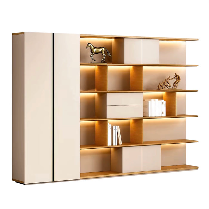Arcadia Classic Light Beige Tan Home Office Residential and Commercial Shelving Wall Unit Library Wall Set | 5 Levels, 16 Shelves, 20 Compartments. 7 Drawers